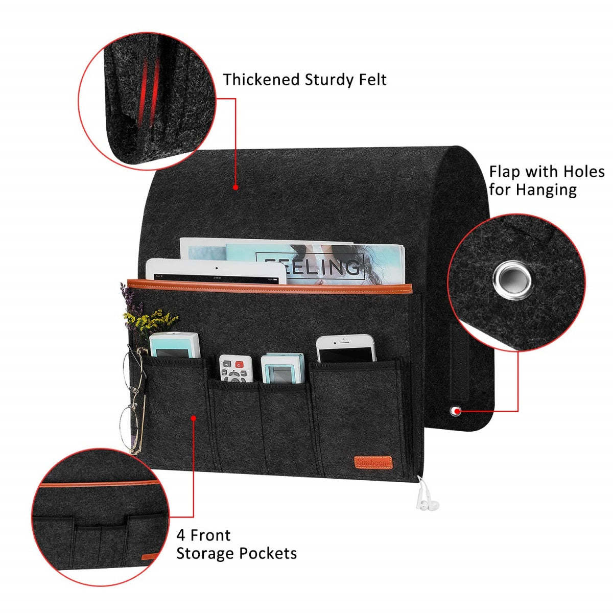 Felt Bedside & Sofa Storage Organizer No-Drill Hanging Pocket for Phones, Remotes & Essentials